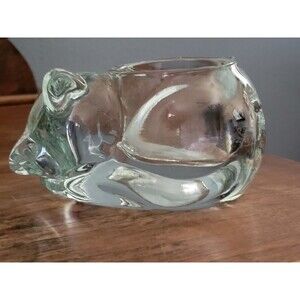 Vtg Glass Kitty Cat Paperweight  Votive Holder Figurine  2.5" tall Clear